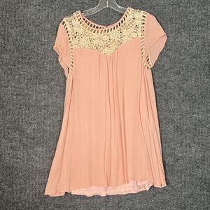 Womens Crinkle Crotchet Shift Dress Medium Pink Cream Bohemian Romantic Dainty